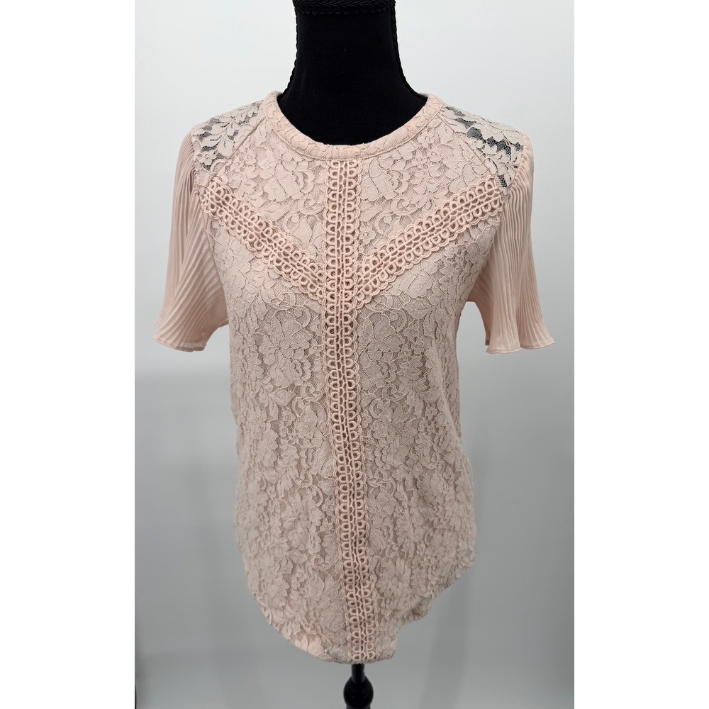 Cable & Gauge Lace Top Women M Pink Excellent Pleated Flutter Sleeve Blouse